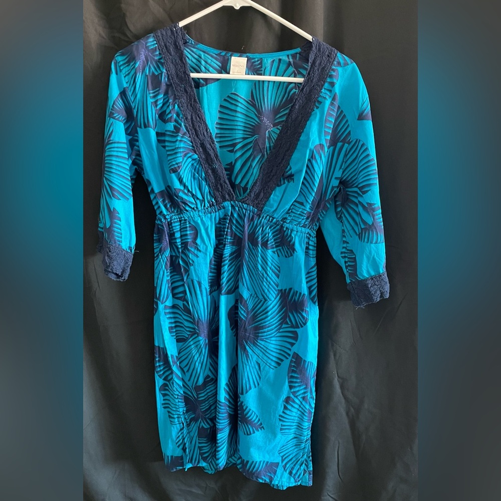 Merona Teal One-Piece Bodysuit with Navy Leaf Print